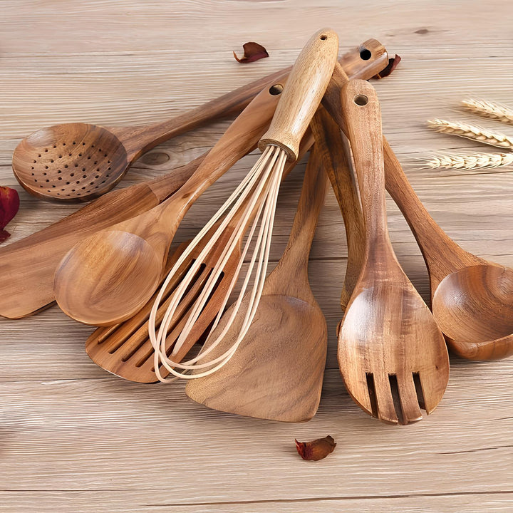 Skanto | 11-teiliges Teakholz-Küchenutensilien-Set | Mit Halter | Naturholz