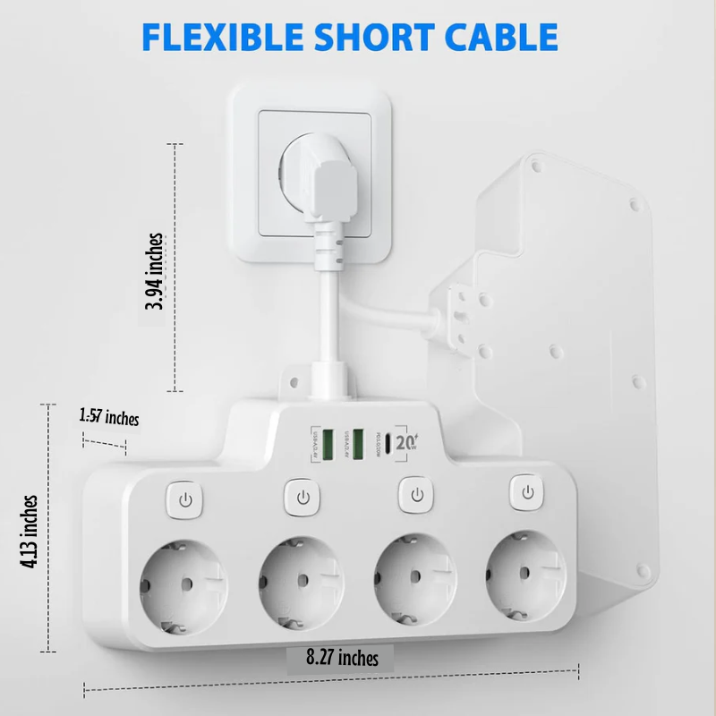 Skanto | Wandmontierte Steckdosenleiste mit Einzelschaltern, 2 USB A und 1 USB C