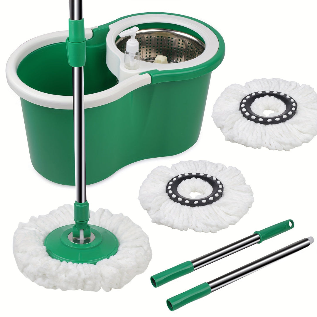 Skanto | Wischmopp- und Eimersystem mit Wringer – 360° rotierendes Moppsystem, inklusive 3 Mikrofaser-Moppköpfen und 61" verstellbarem Edelstahlgriff – Ideal für die Bodenreinigung in Bädern und Schulen