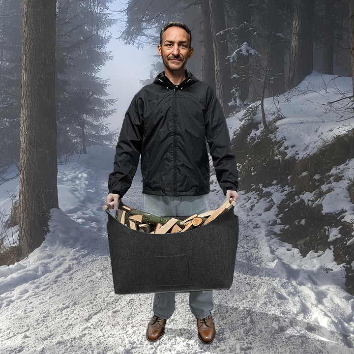 Skanto | Feldura Faltbarer Filz-Brennholzkorb 55 Liter mit Holzgriffen und Lederdetails, Dunkelgrau
