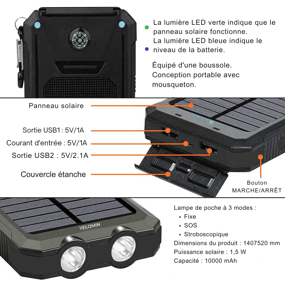 Skanto | Wasserdichte, stoßfeste Solar-Powerbank 10 000 mAh | Solar aufladbar