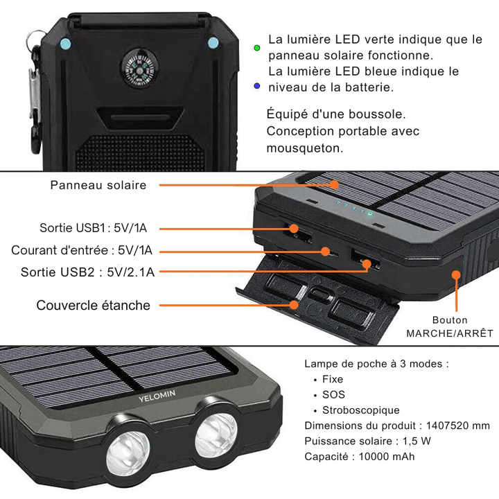 Skanto | Wasserdichte, stoßfeste Solar-Powerbank 10 000 mAh | Solar aufladbar
