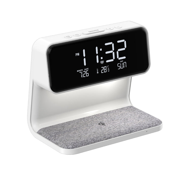 Skanto | 3-in-1 Nachttischlampe mit kabellosem Ladegerät – LCD Wecker & Touch dimmbare LED Schreibtischlampe
