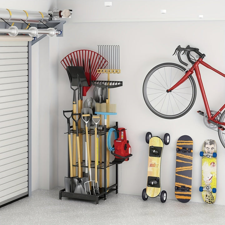 Skanto | Robuster Gartenständer aus schwarzem Metall – Langlebiger Outdoor-Werkzeug- und Schlauch-Organizer