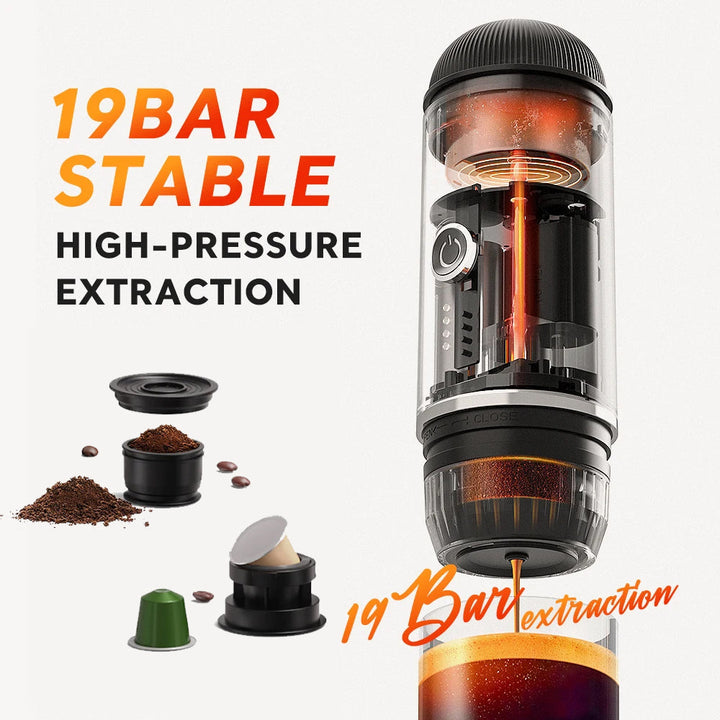 Skanto | Selbstmessende tragbare elektrische Espressomaschine mit USB-C Ladegerät – Kompatibel mit gemahlenem Kaffee & Nespresso Kapseln