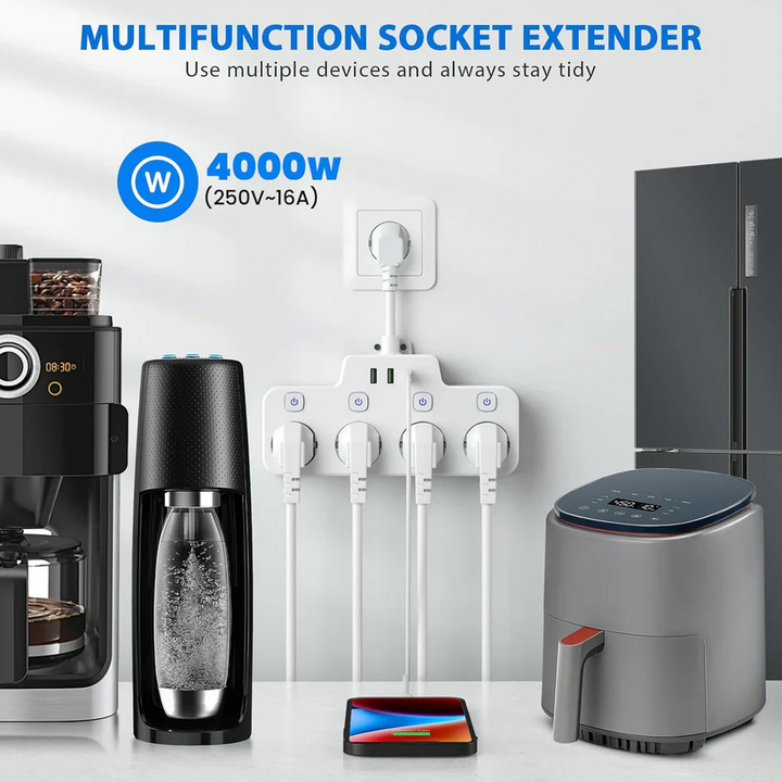 Skanto | Wandmontierte Steckdosenleiste mit Einzelschaltern, 2 USB A und 1 USB C