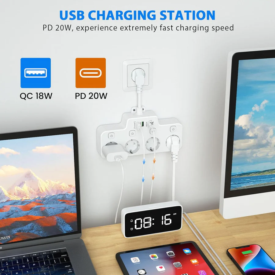 Skanto | Wandmontierte Steckdosenleiste mit Einzelschaltern, 2 USB A und 1 USB C