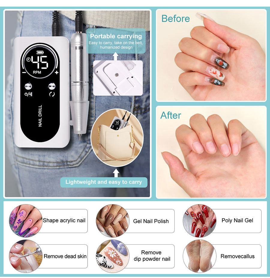 Skanto | ProNail 45000RPM Elektrische Nagelfeile – Tragbare, wiederaufladbare E-Feile für Maniküre & Acrylnägel | Geräuscharm