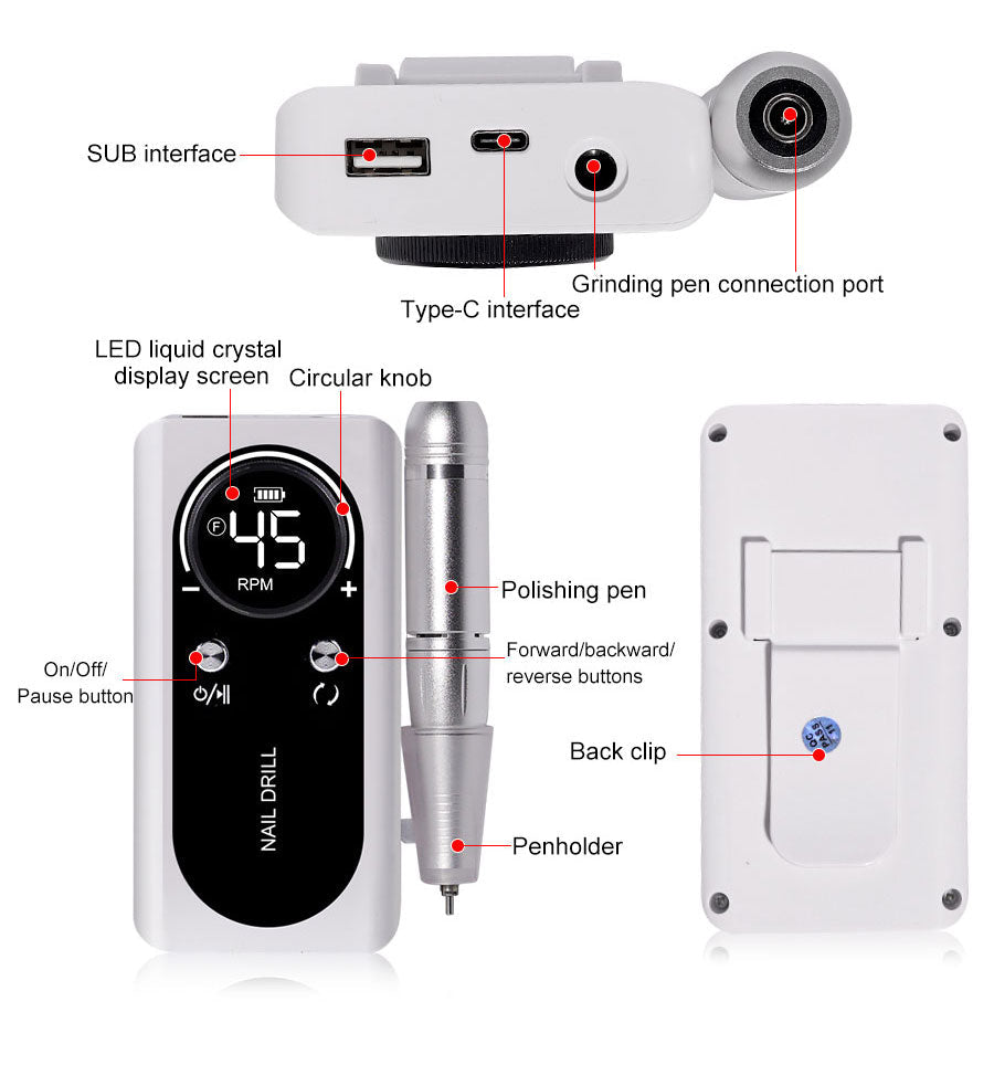 Skanto | ProNail 45000RPM Elektrische Nagelfeile – Tragbare, wiederaufladbare E-Feile für Maniküre & Acrylnägel | Geräuscharm