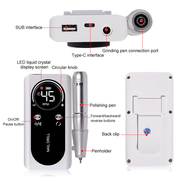 Skanto | ProNail 45000RPM Elektrische Nagelfeile – Tragbare, wiederaufladbare E-Feile für Maniküre & Acrylnägel | Geräuscharm