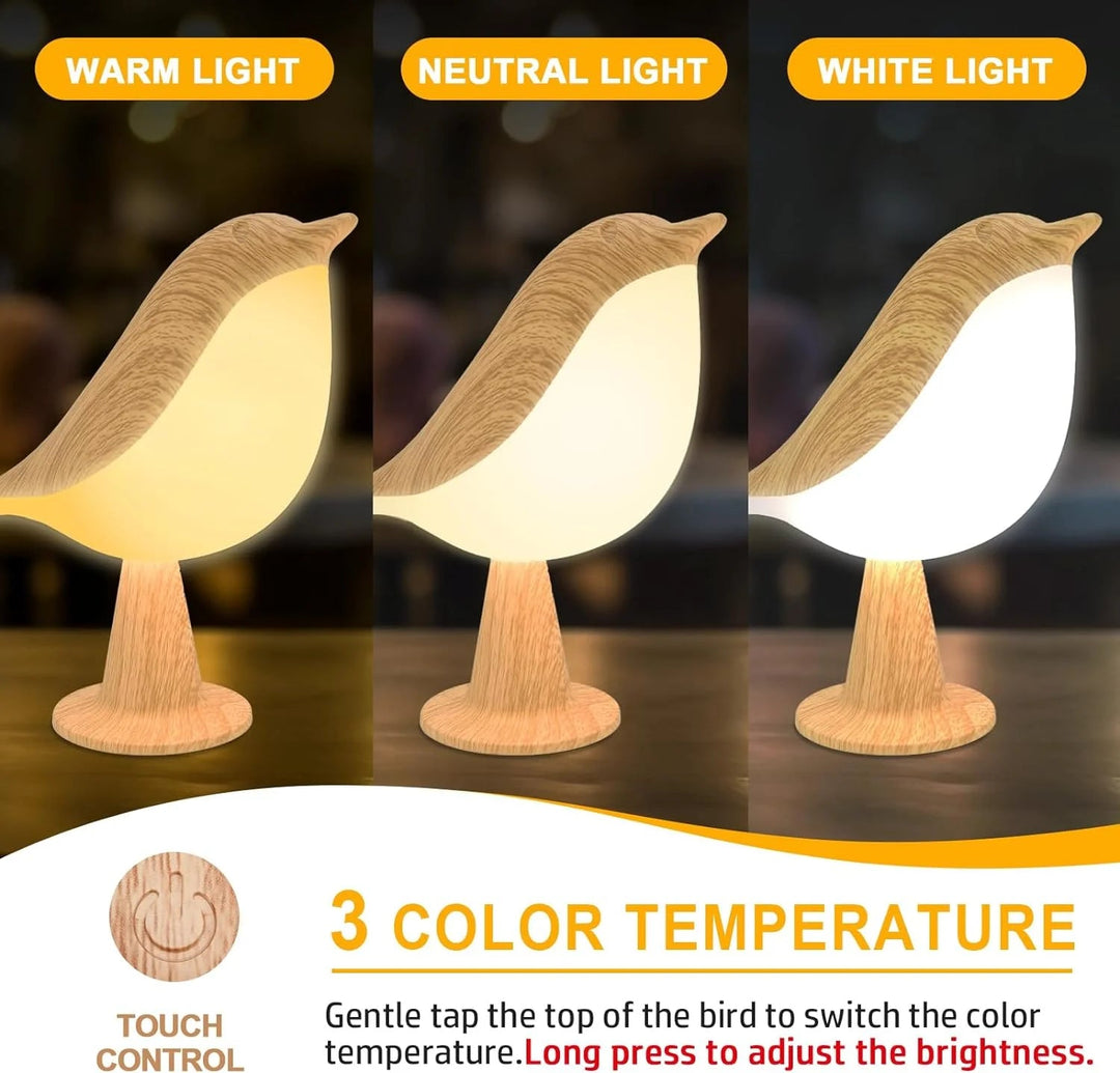 Skanto | Berührungsgesteuertes Nachtlicht aus Holz mit Vogel – Wiederaufladbare LED-Nachttischlampe