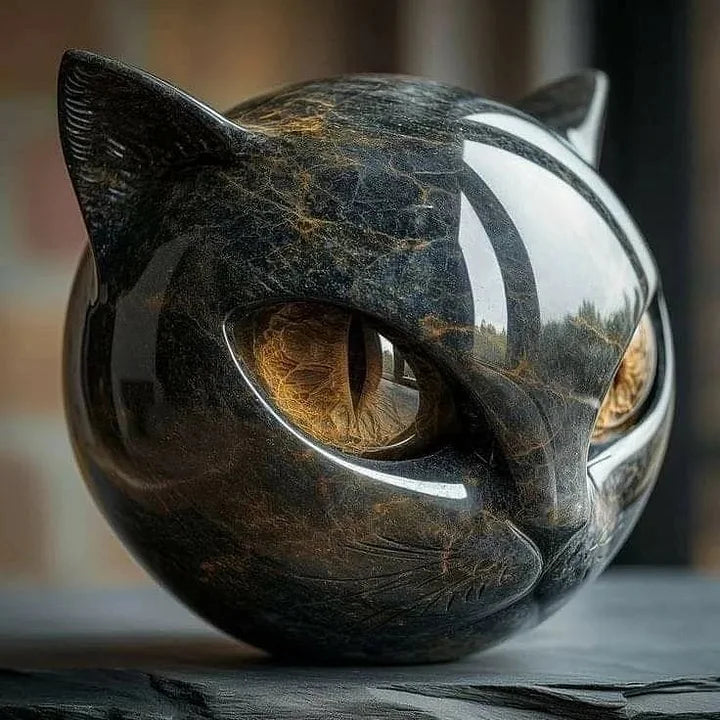 Skanto | NoirCat Skulptur – Schwarzer Katzenkopf mit hypnotischen Augen