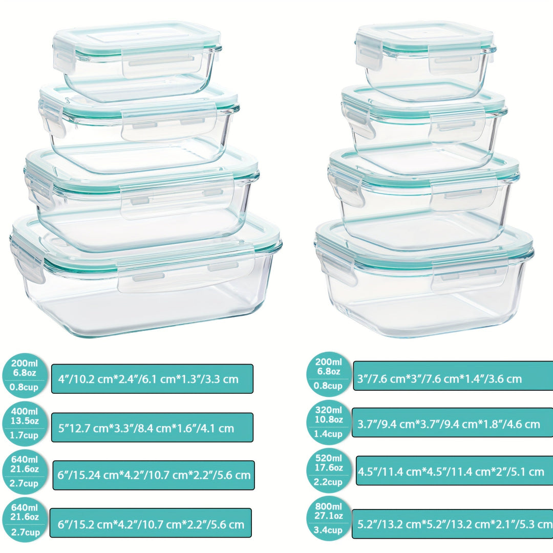 Skanto | 8er-Pack Glas-Lebensmittelbehälter – Luftdichte Meal Prep Bento Boxen mit auslaufsicheren Verschlussdeckeln, Mikrowellen-, Ofen-, Gefrier- & Spülmaschinenfest, BPA-frei