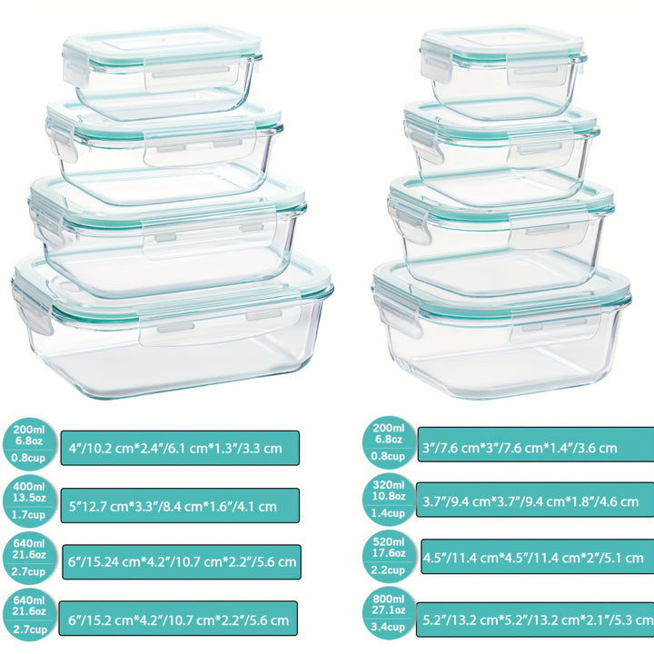 Skanto | 8er-Pack Glas-Lebensmittelbehälter – Luftdichte Meal Prep Bento Boxen mit auslaufsicheren Verschlussdeckeln, Mikrowellen-, Ofen-, Gefrier- & Spülmaschinenfest, BPA-frei