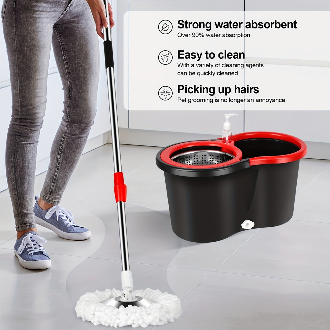 Skanto | Wischmopp- und Eimersystem mit Wringer – 360° rotierendes Moppsystem, inklusive 3 Mikrofaser-Moppköpfen und 61" verstellbarem Edelstahlgriff – Ideal für die Bodenreinigung in Bädern und Schulen