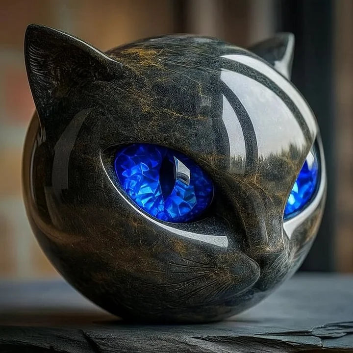 Skanto | NoirCat Skulptur – Schwarzer Katzenkopf mit hypnotischen Augen