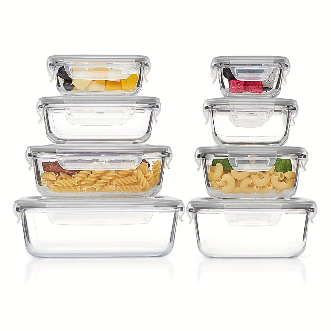 Skanto | 8er-Pack Glas-Lebensmittelbehälter – Luftdichte Meal Prep Bento Boxen mit auslaufsicheren Verschlussdeckeln, Mikrowellen-, Ofen-, Gefrier- & Spülmaschinenfest, BPA-frei