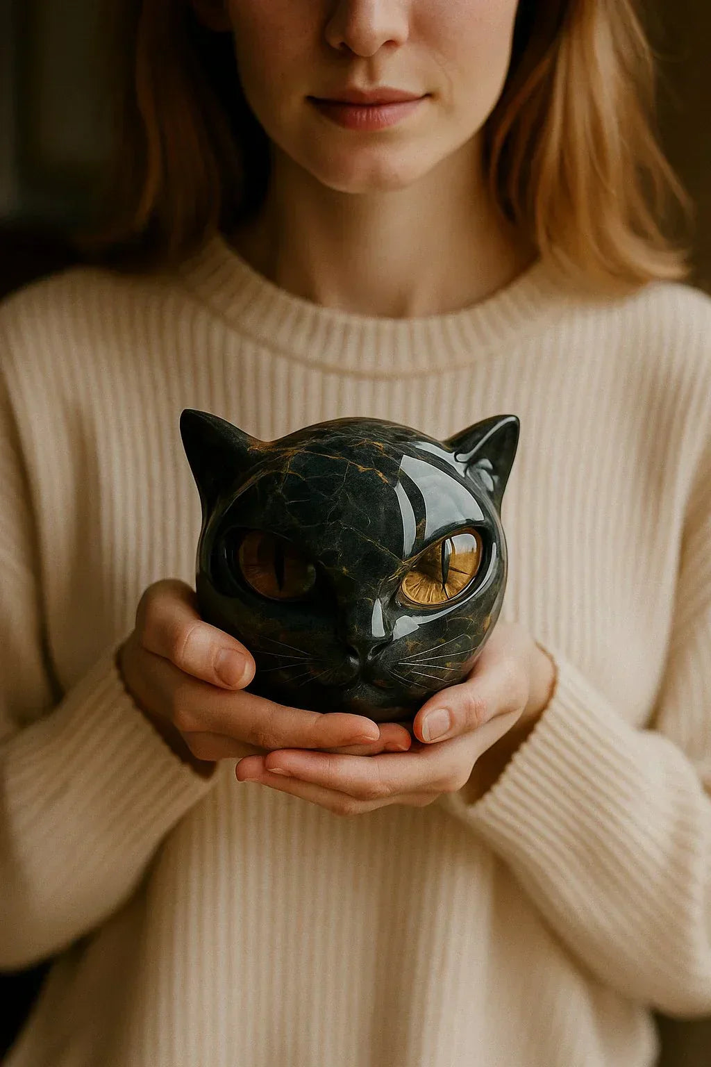 Skanto | NoirCat Skulptur – Schwarzer Katzenkopf mit hypnotischen Augen