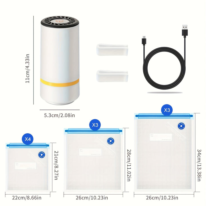 Skanto | Handheld Elektrisches Vakuumiergerät mit Vakuum-Aufbewahrungsbeuteln – Inklusive 3 Größen (4x8,5", 3x11", 3x13,5"), Vakuum-Reißverschlussbeutel und Elektropumpe