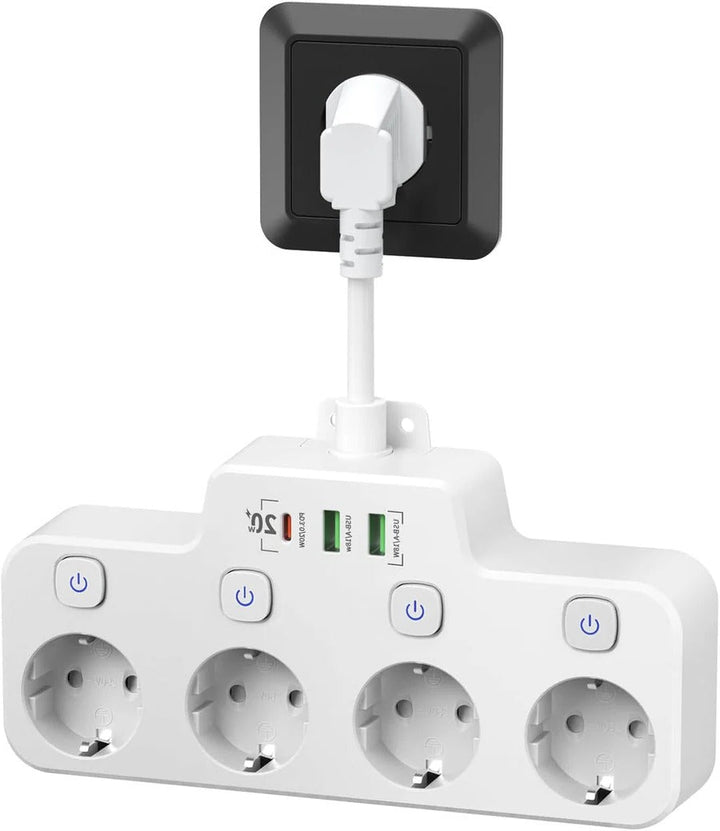 Skanto | Wandmontierte Steckdosenleiste mit Einzelschaltern, 2 USB A und 1 USB C