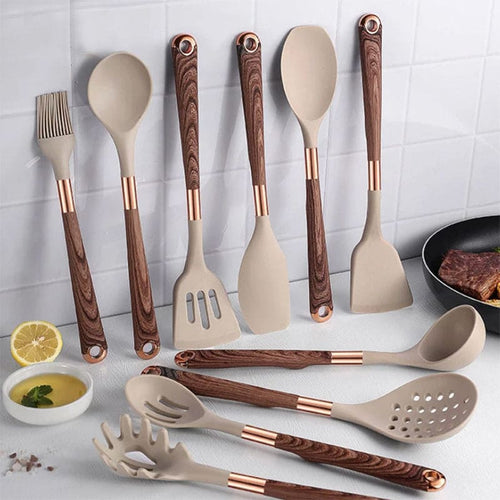 Skanto | Eleganza Kochset – 10-teiliges Silikon-Küchenset mit Holzgriffen