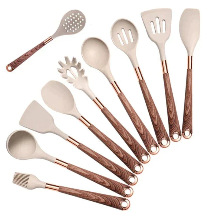 Skanto | Eleganza Kochset – 10-teiliges Silikon-Küchenset mit Holzgriffen