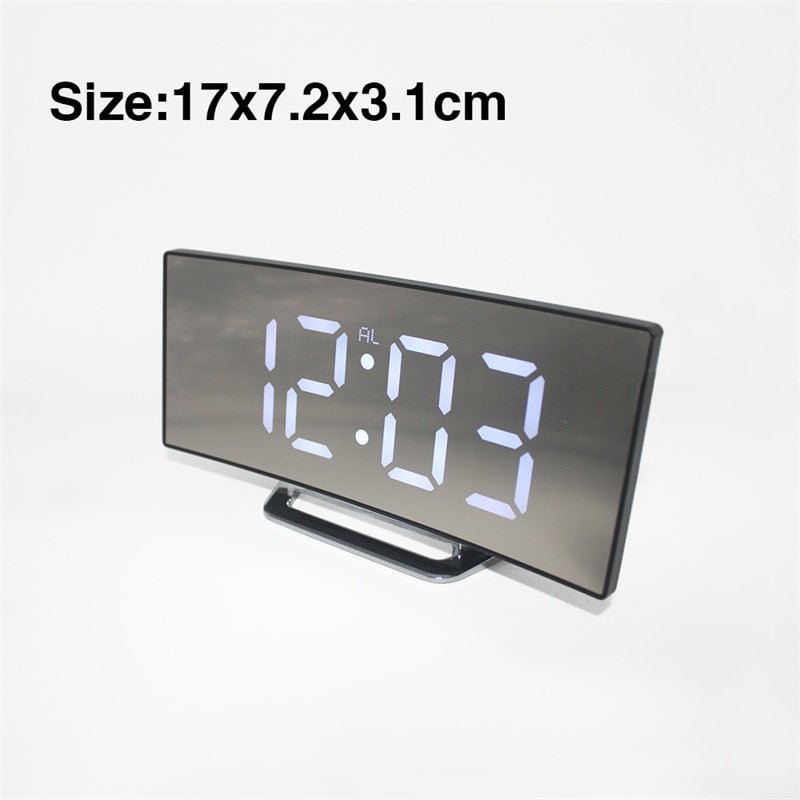 Skanto | LED Digitalwecker – Gebogenes Spiegeldisplay, Schlummerfunktion Tischuhr, Elektronische Desktop-Anzeige, Schlaf- und Wohnzimmerdekor