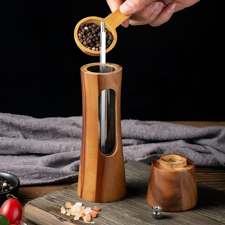 Skanto | SpiceCraft Manuelles Salz- und Pfeffermühlen-Set – Holzdesign mit Acrylfenster Einstellbare Mahlgrade