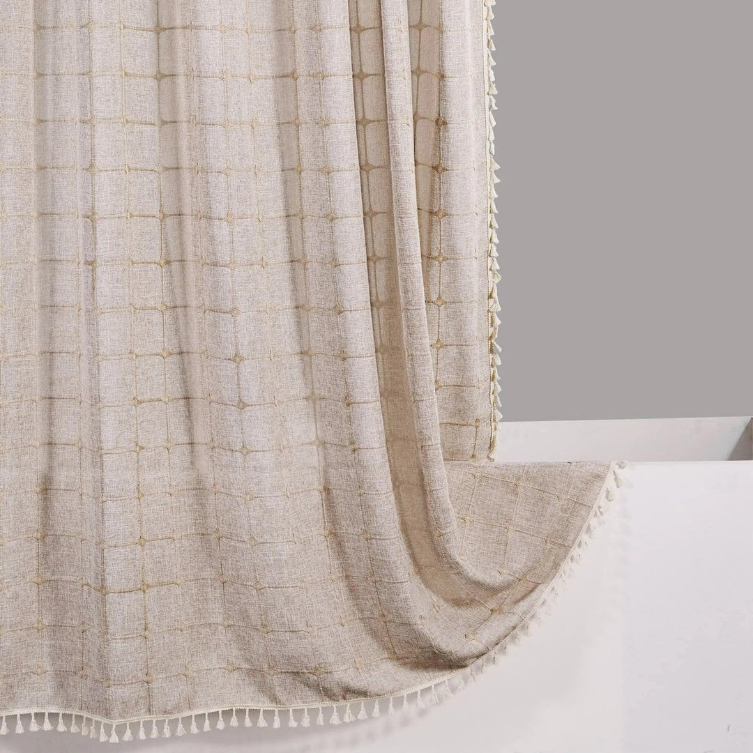 Skanto | Moderner Jacquard-Leinen-Duschvorhang mit Quasten (1 Stk.) │ Für nordische Bad-Deko