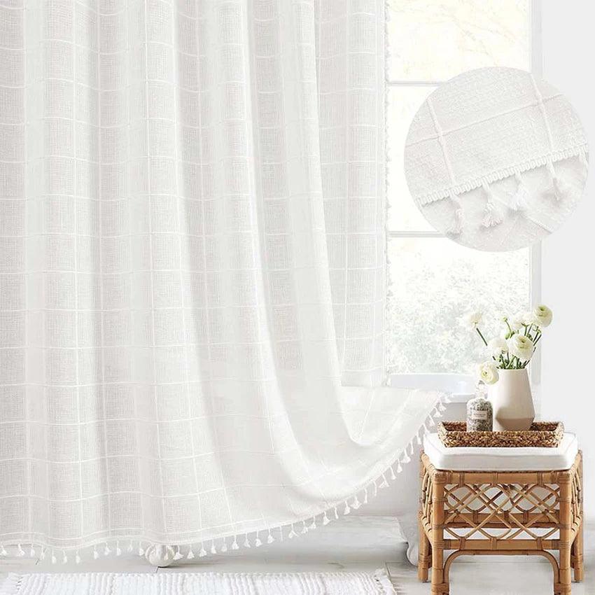 Skanto | Moderner Jacquard-Leinen-Duschvorhang mit Quasten (1 Stk.) │ Für nordische Bad-Deko