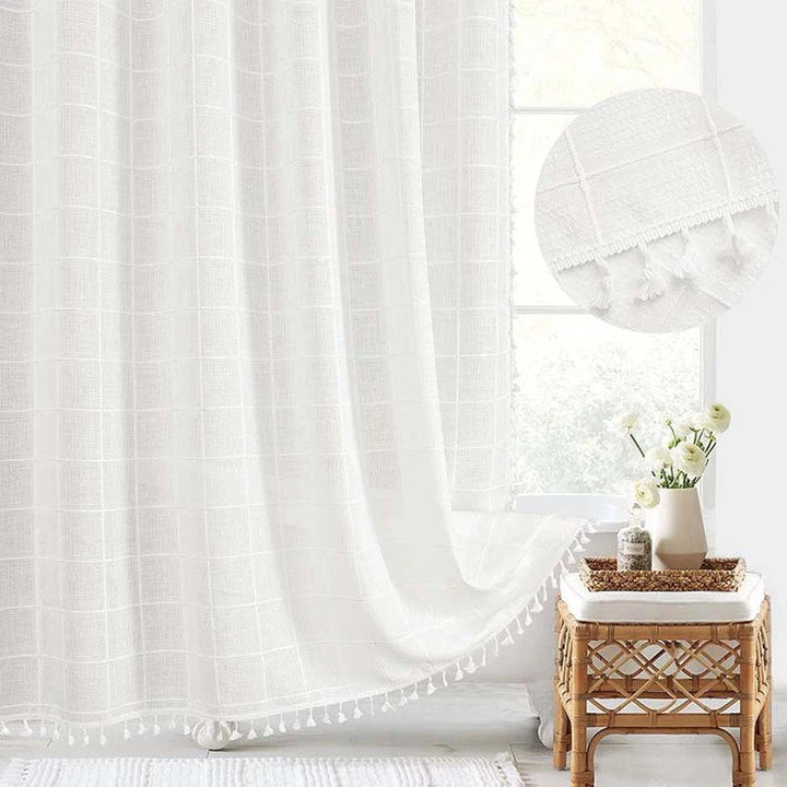 Skanto | Moderner Jacquard-Leinen-Duschvorhang mit Quasten (1 Stk.) │ Für nordische Bad-Deko