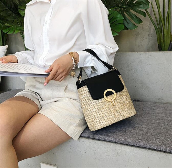 Skanto | Eva Stroh Chic Tasche – Leichte Sommertragetasche mit Schultergurt