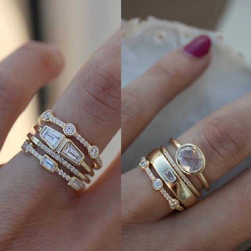 Skanto | Geometrisches Goldfarbenes Kombinations-Ring-Set mit runden Zirkonkristallen