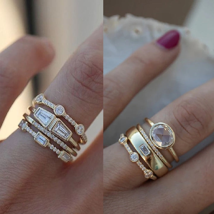 Skanto | Geometrisches Goldfarbenes Kombinations-Ring-Set mit runden Zirkonkristallen