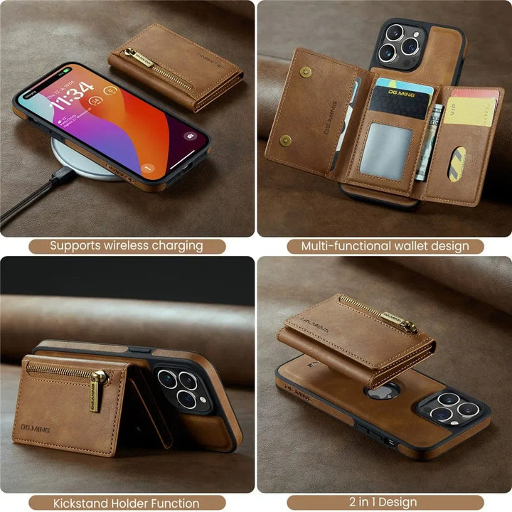 Skanto | RFID iPhone Wallet Case | Abnehmbare magnetische Leder-Autohalterung Stoßfeste Hülle