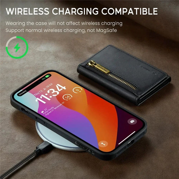 Skanto | RFID iPhone Wallet | Abnehmbare magnetische Leder-Autohalterung Stoßfeste Hülle