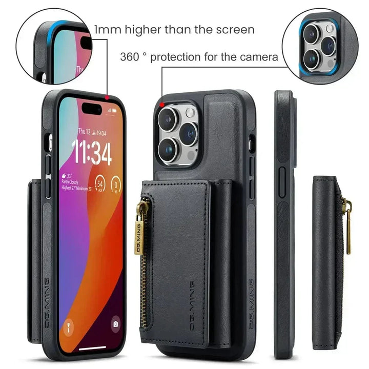 Skanto | RFID iPhone Wallet | Abnehmbare magnetische Leder-Autohalterung Stoßfeste Hülle