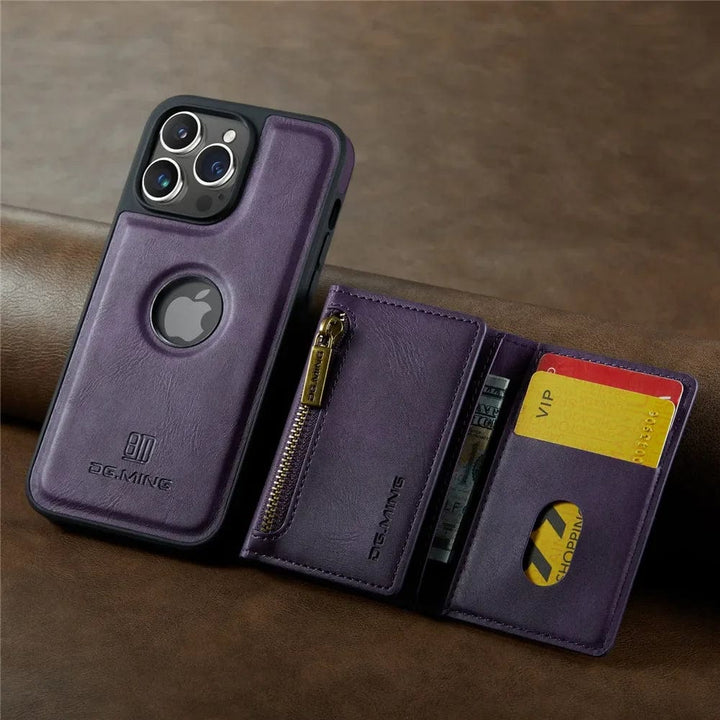 Skanto | RFID iPhone Wallet Case | Abnehmbare magnetische Leder-Autohalterung Stoßfeste Hülle