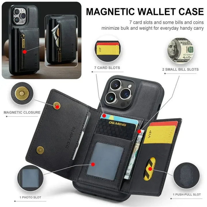 Skanto | RFID iPhone Wallet | Abnehmbare magnetische Leder-Autohalterung Stoßfeste Hülle