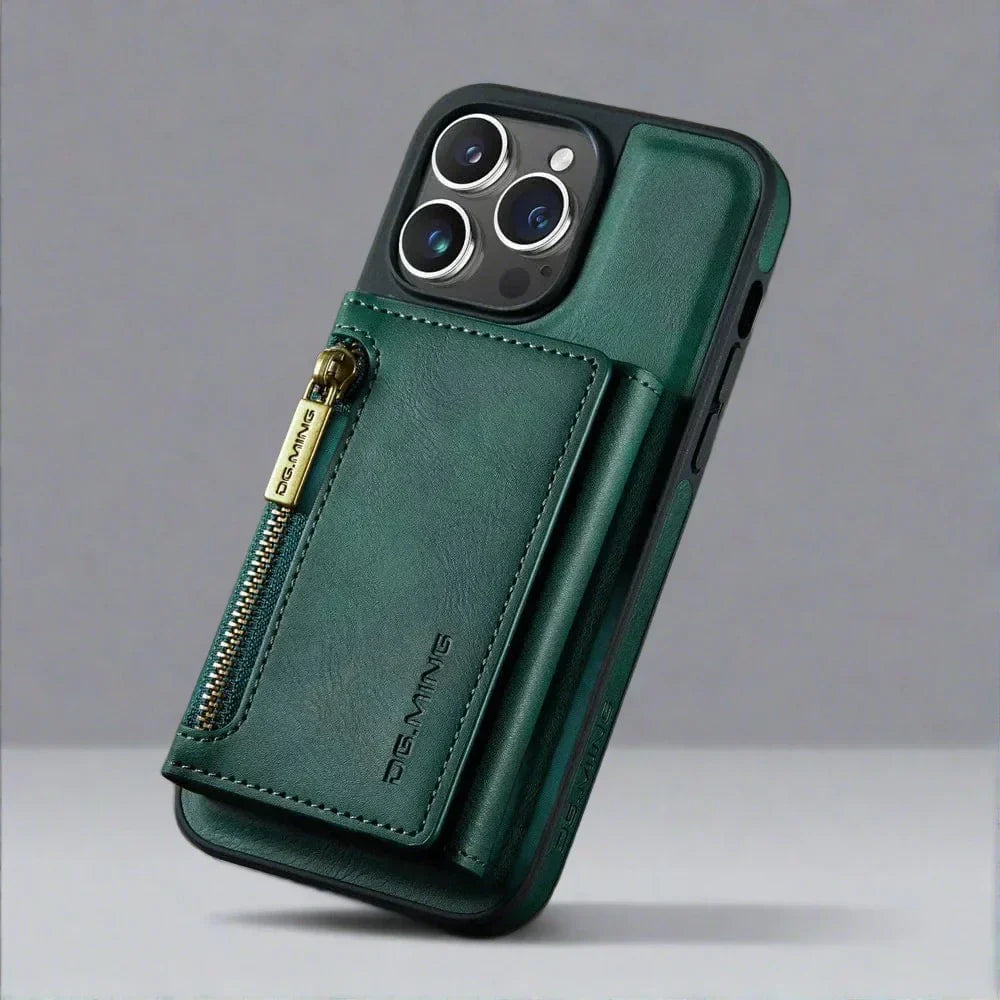 Skanto | RFID iPhone Wallet | Abnehmbare magnetische Leder-Autohalterung Stoßfeste Hülle