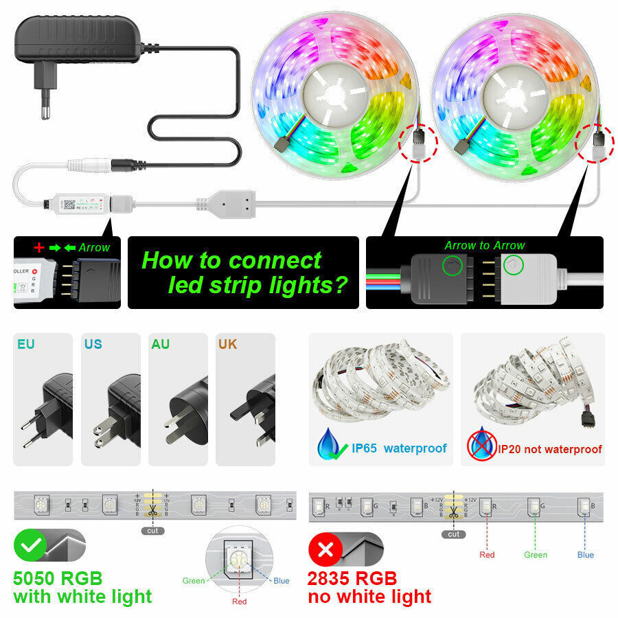 Skanto | LED-Lichtleiste, 30 m, 15 m, Musik-Synchronisation, Bluetooth, 5050, RGB-Ambientebeleuchtung mit Fernbedienung